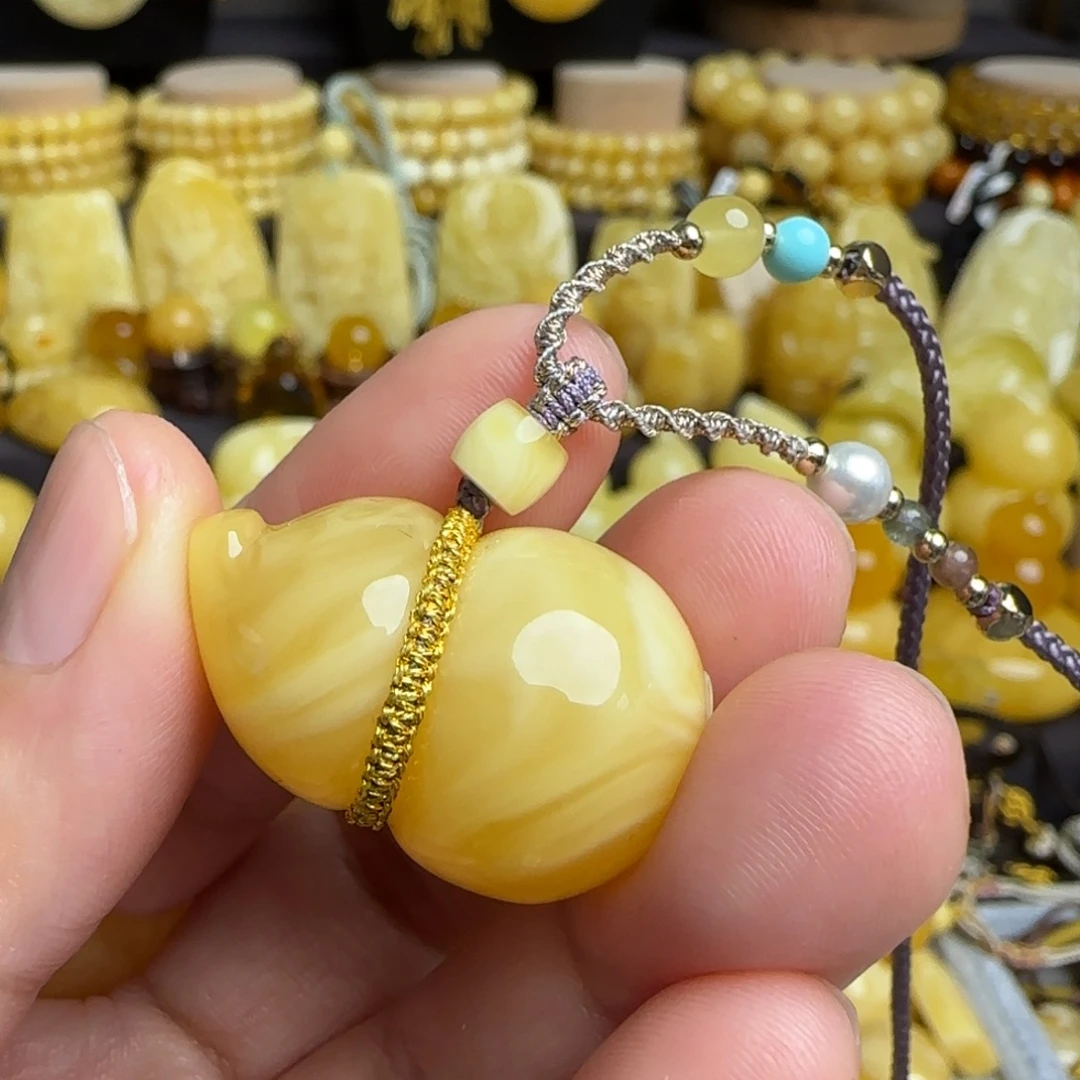 琥珀套链未镶嵌 天然俄料浓蜡妖花蜜蜡葫芦吊坠