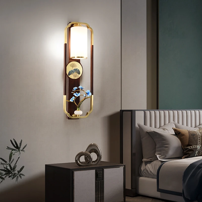 新中式全铜实木壁灯中国风禅意客厅背景墙灯卧室床头灯