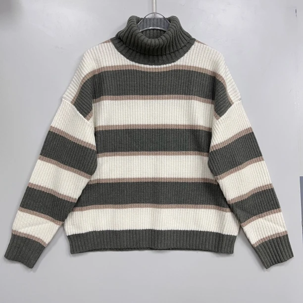 2512242链条系高领绿条纹拼接针织羊绒衫女休闲百搭25秋冬新款