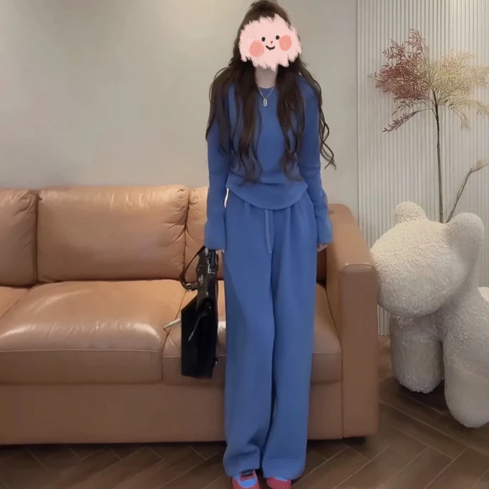 2025秋冬女士时尚新款慵懒韩系气质上衣+休闲宽松德绒卫裤两件套