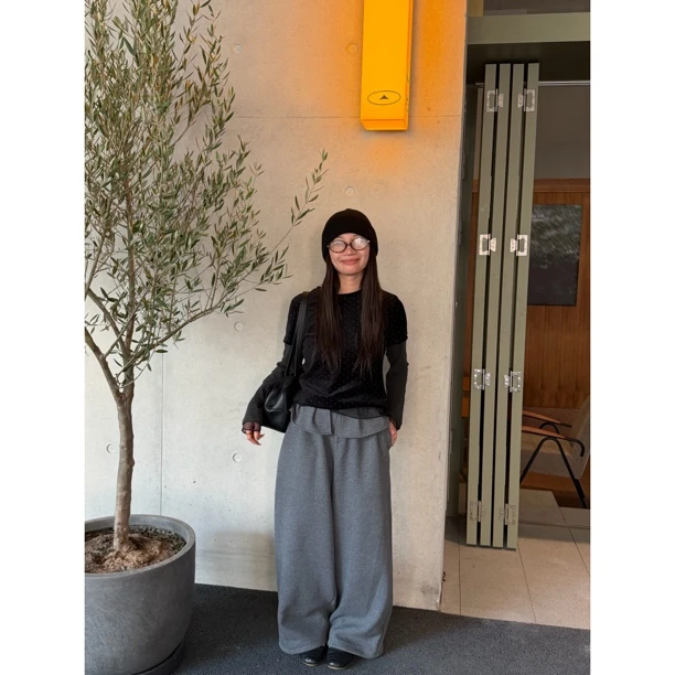 ONNI假两件屁帘裤韩女九分高腰垂感直筒裤小个子加绒阔腿裤#0796