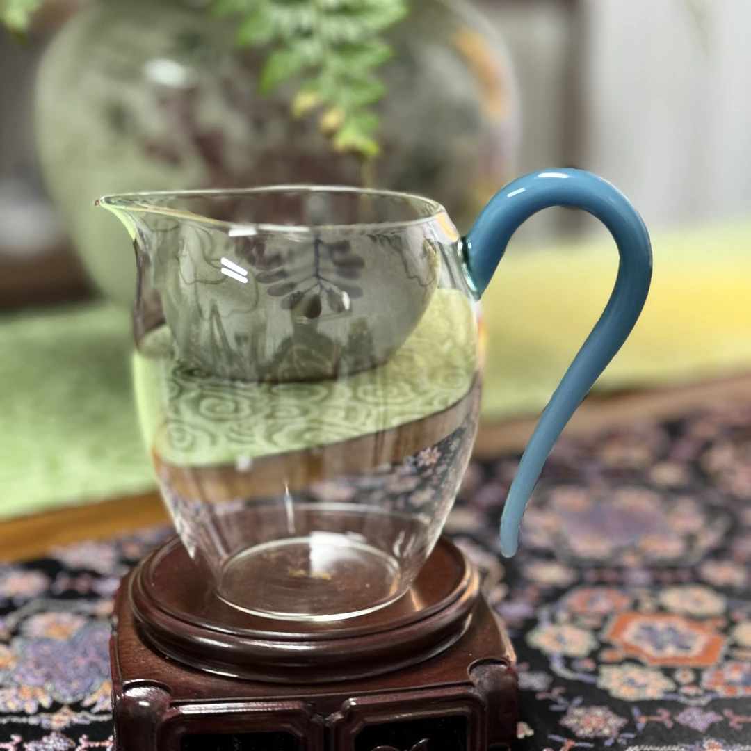 琉璃金标高硼硅玻璃公道杯雾霾蓝把手分茶器茶海怡然纯手工