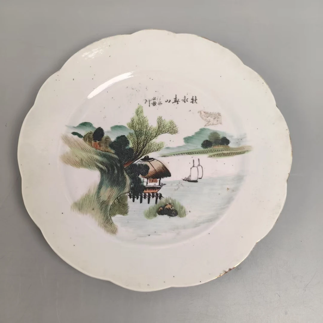 A01010民国浅绛彩山水纹折腰花口赏盘