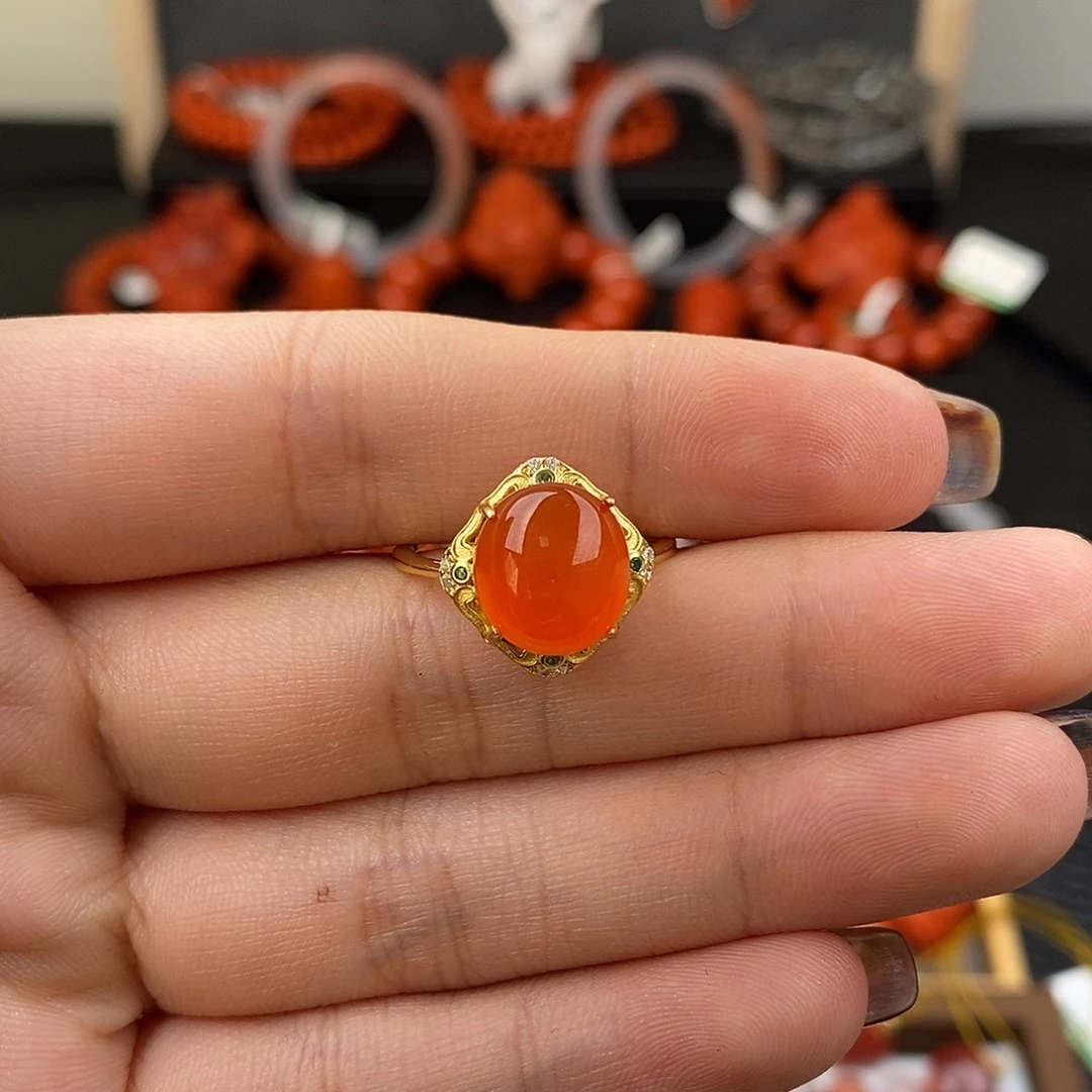 南红玛瑙银S925镶嵌云南保山冰红戒指