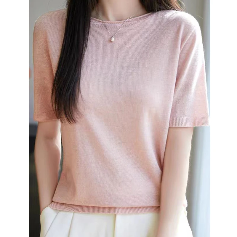 /冰果粉/ tt百搭休闲时尚宽松针织女装上衣纯色圆领红短袖女士