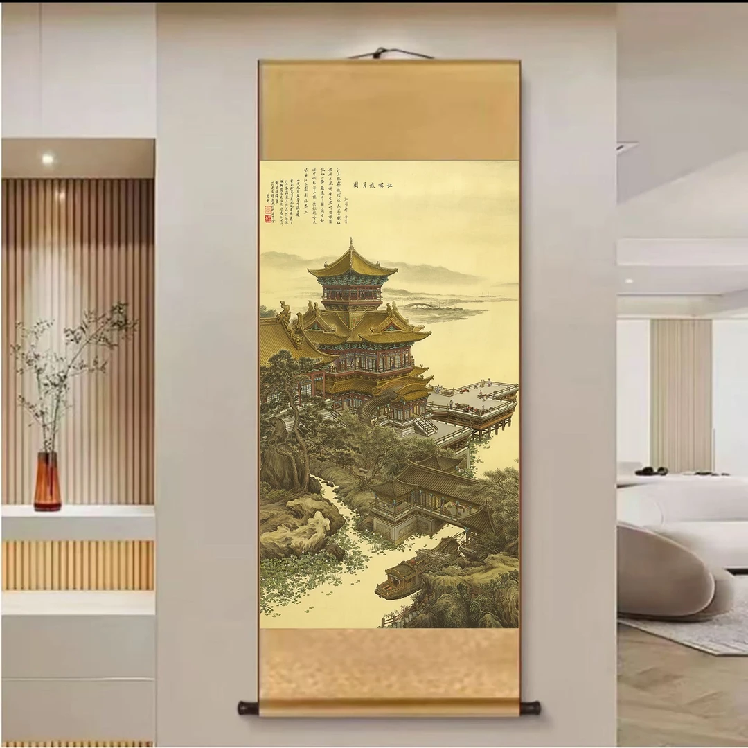 A57精装140*45《江楼夜月图》中式数字微喷立式挂画卷轴画