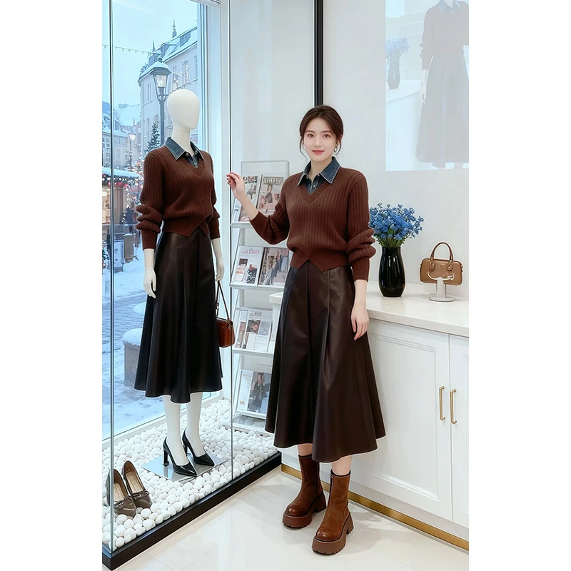 2025秋冬季新款针织衫时尚洋气假两件牛仔拼接毛衣pu皮裙两件套装