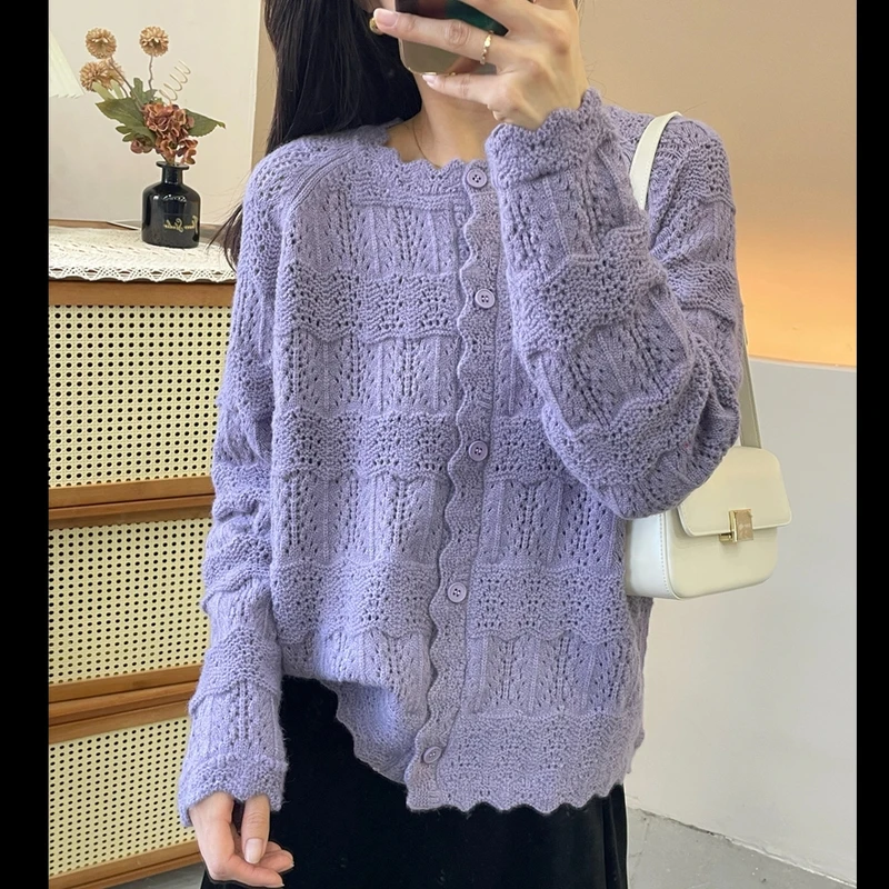 早春温柔风重工钩花圆领花边针织开衫女新款宽松长袖气质毛衣外套