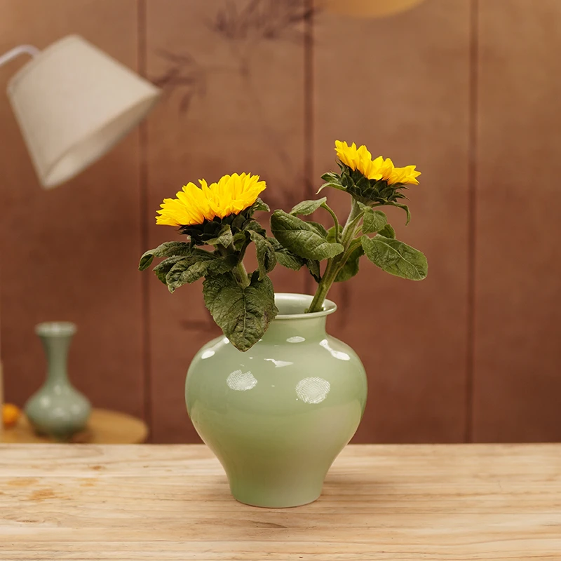 花瓶中古风客厅高级感摆件茶空间中式大肚插鲜花水培罐子青瓷绿色