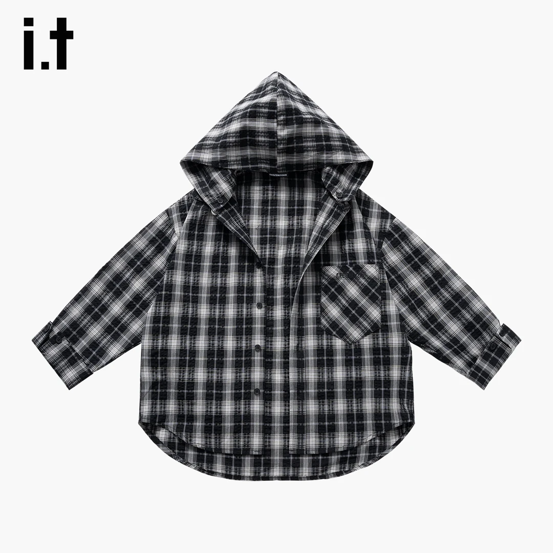 it GROUNDZERO 女童连帽衬衫2025秋季新款拼接格子外套潮牌简约装