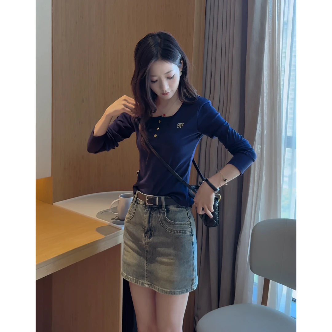 学院风辣妹收腰显瘦短款上衣女夏季新款打底长袖T恤+高腰牛仔裙子
