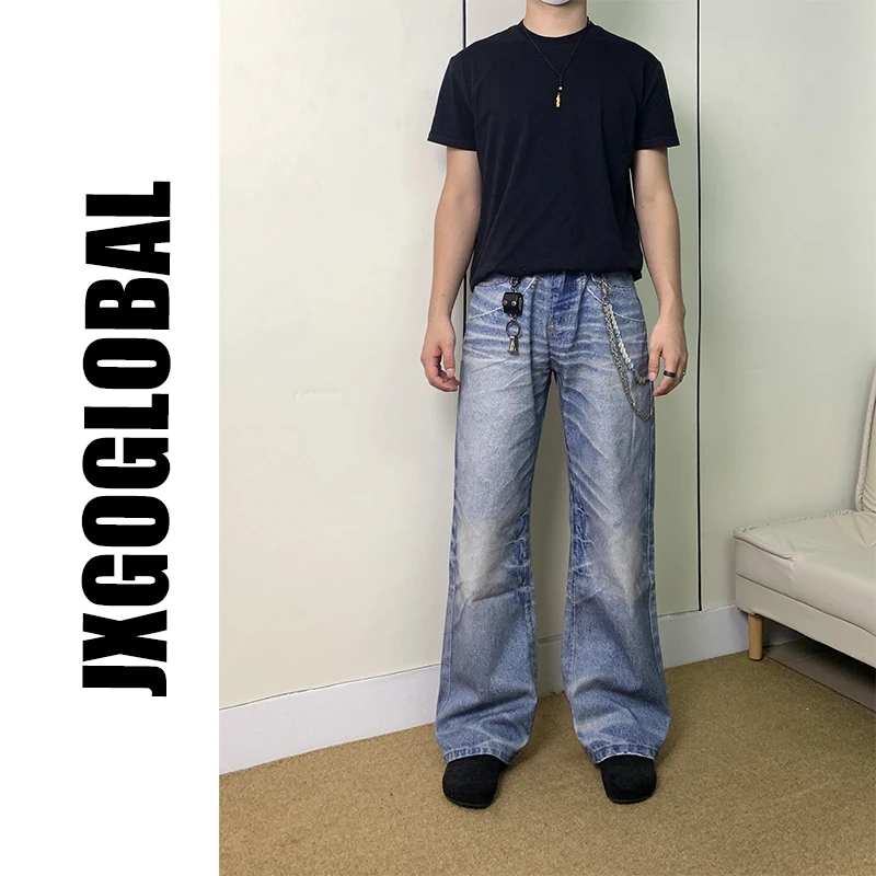 JXGOGLOBAL3d裤链数码印花牛仔裤水洗做旧宽松直筒复古ins街头裤