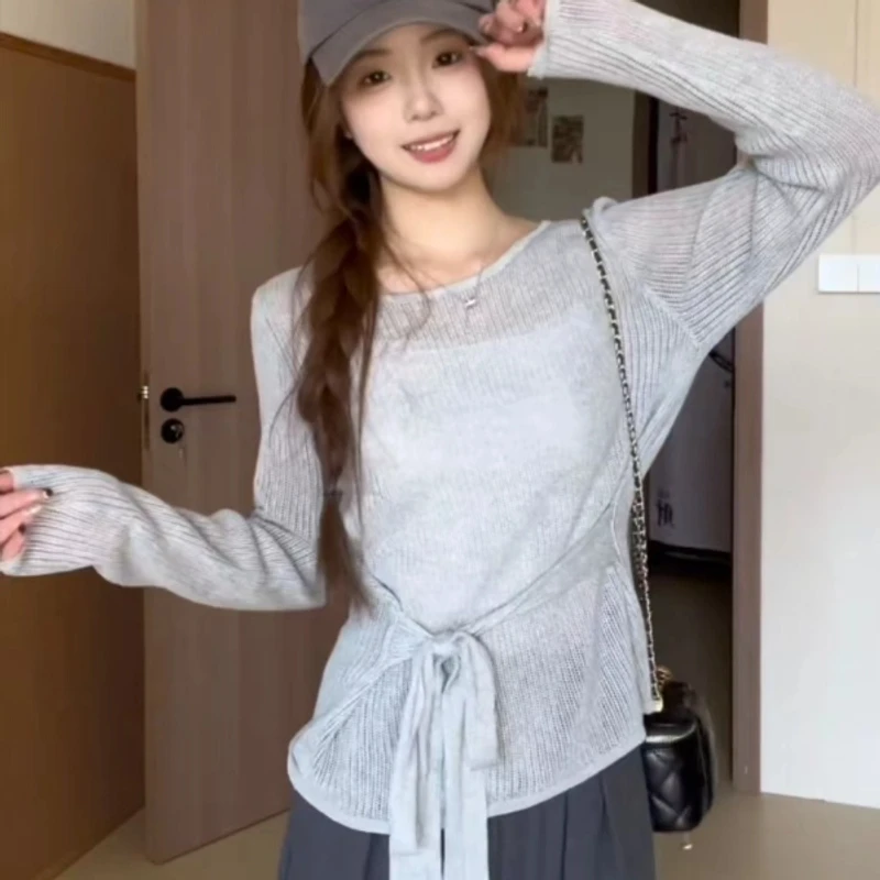 KUMAYES早春法式薄款绑带休闲长袖T恤女镂空圆领别致收腰罩衫上衣