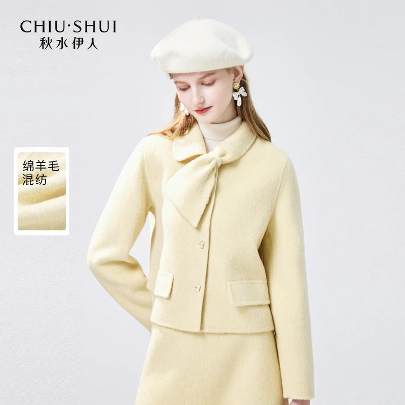 【许半夏专属】秋水伊人设计感飘带领毛呢外套2024年冬季新款女绵羊