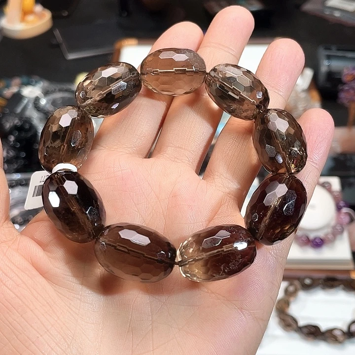 烟晶手串未镶嵌17mm水滴切面天然茶晶
