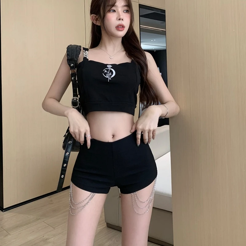 辣妹设计感黑色背心2025夏季新款链条不规则短裤休闲网红性感套装