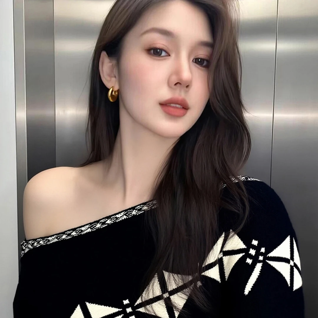 慵懒风黑色斜肩费尔岛提花长袖针织衫女秋冬新款巨好看气质毛衣潮