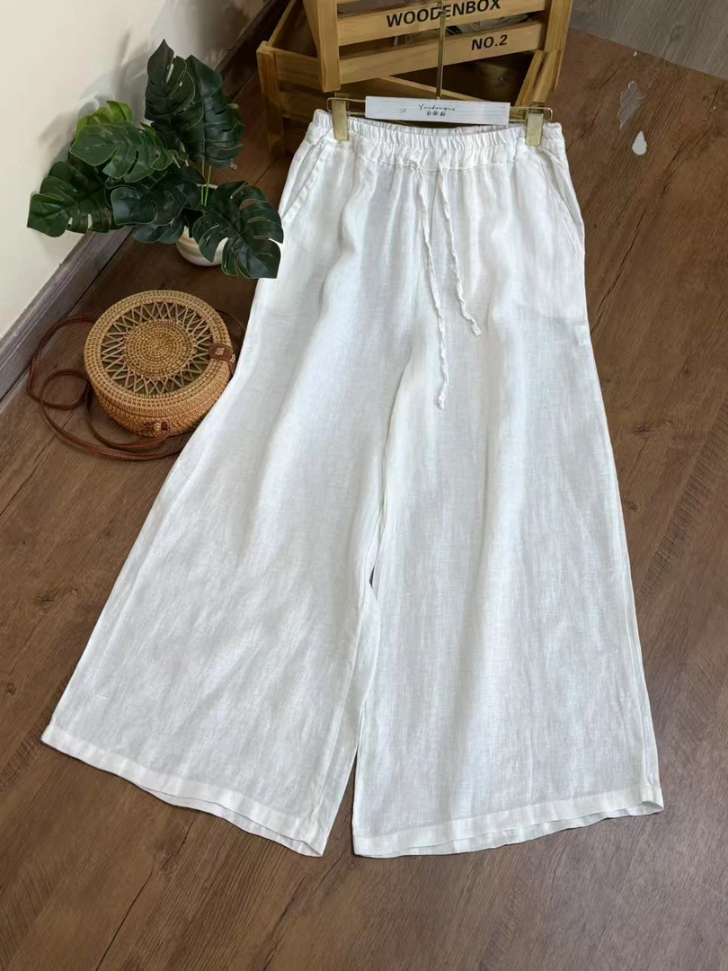 【云目悠悠】春夏季汉麻宽松纯色松紧腰显瘦阔腿裤-2025334