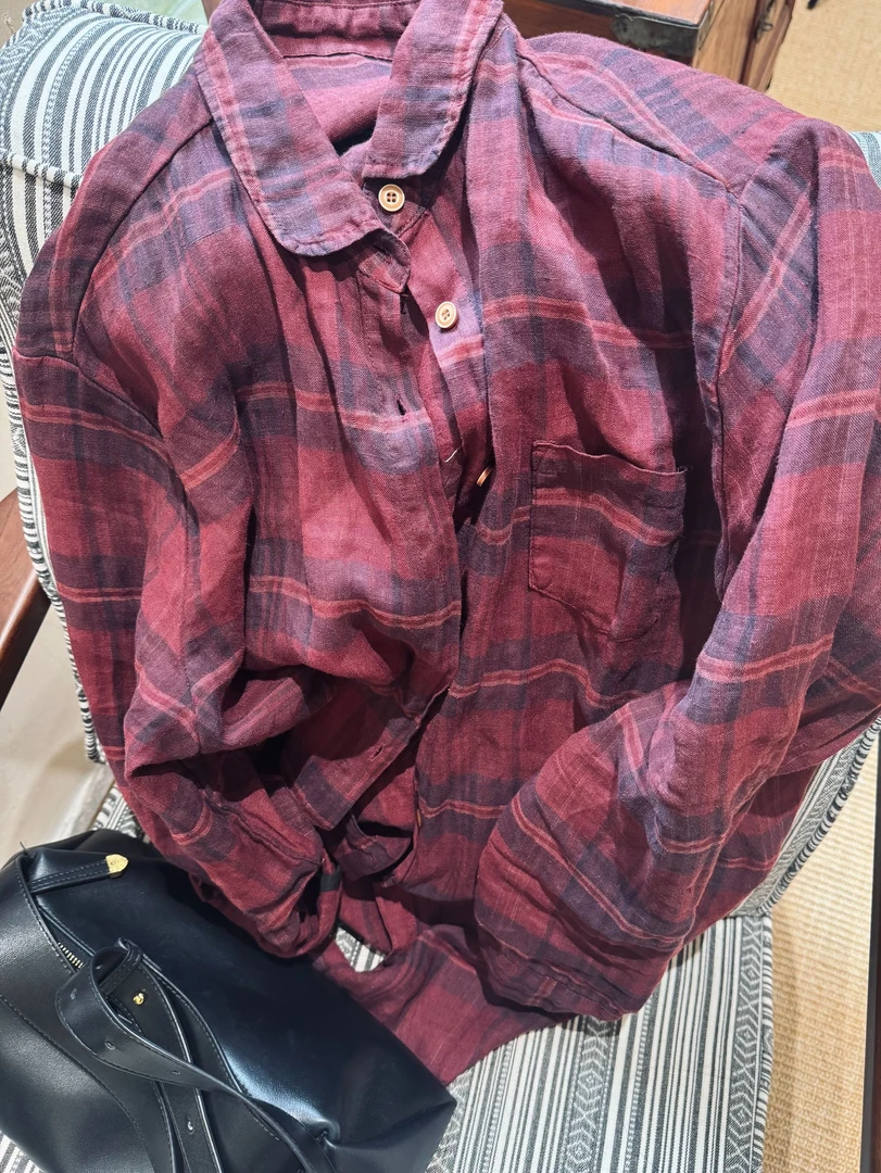 55007舒适宽松汉麻格子衬衫文艺复古休闲百搭外套上衣