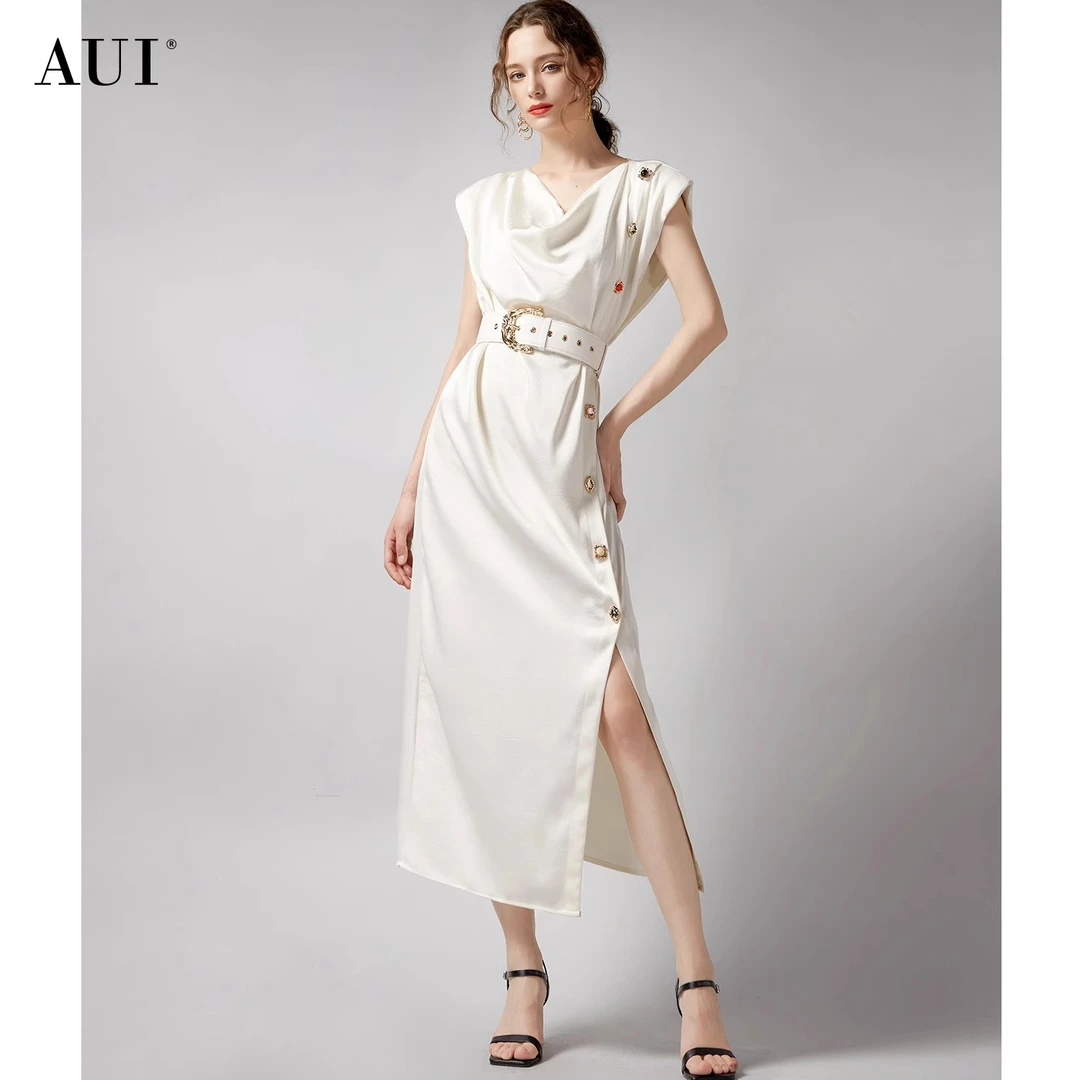 【媛媛女王专享】AUI杏色气质缎面连衣裙褶皱修身包臀裙-24W014524