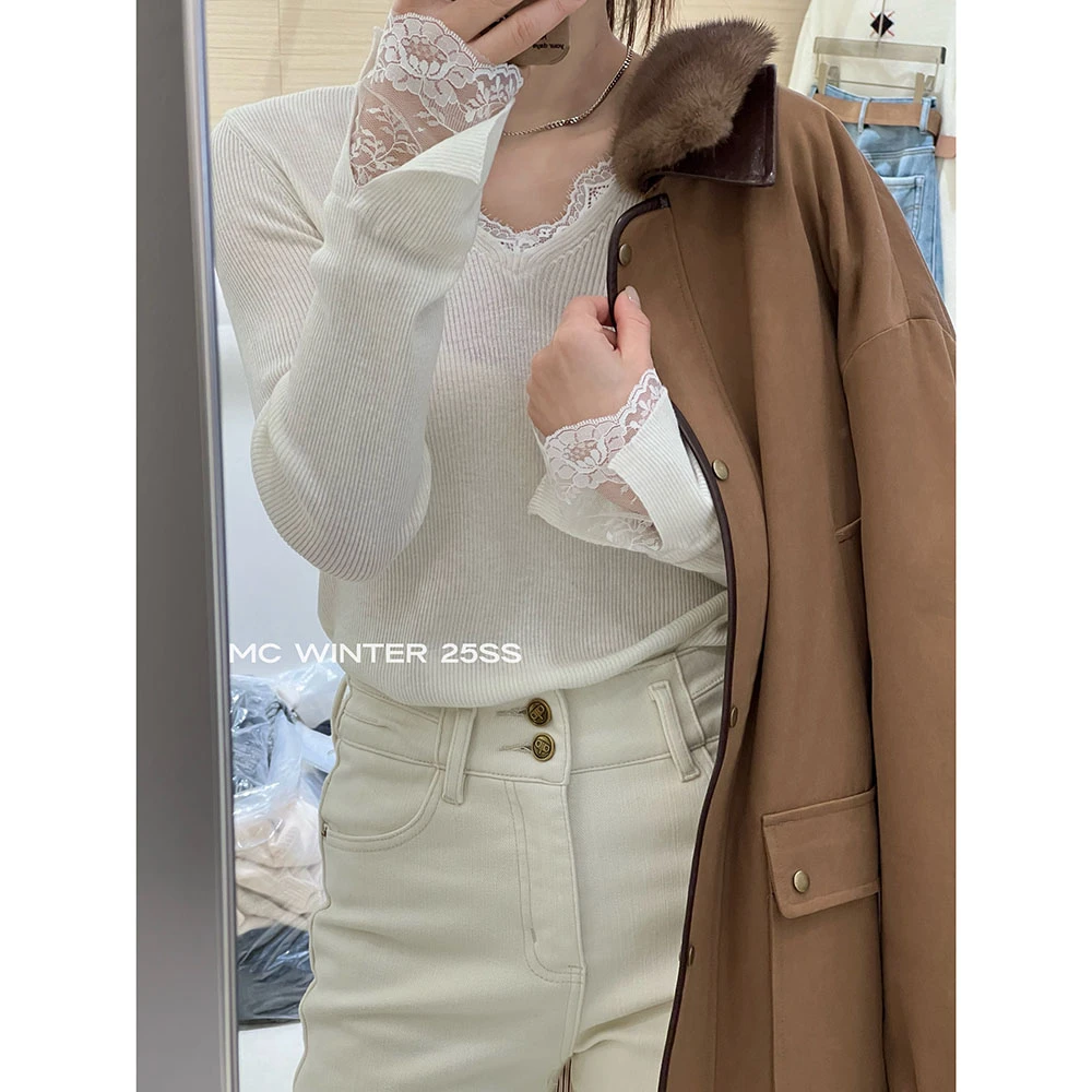 【V领蕾丝针织小衫】欧洲站冬季百搭气质小女人内搭17160