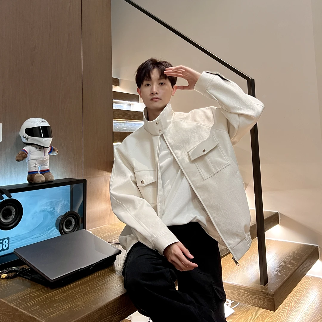 林社长2025秋装高品质立领插肩袖宽松皮夹克机车外套情侣装慵懒风