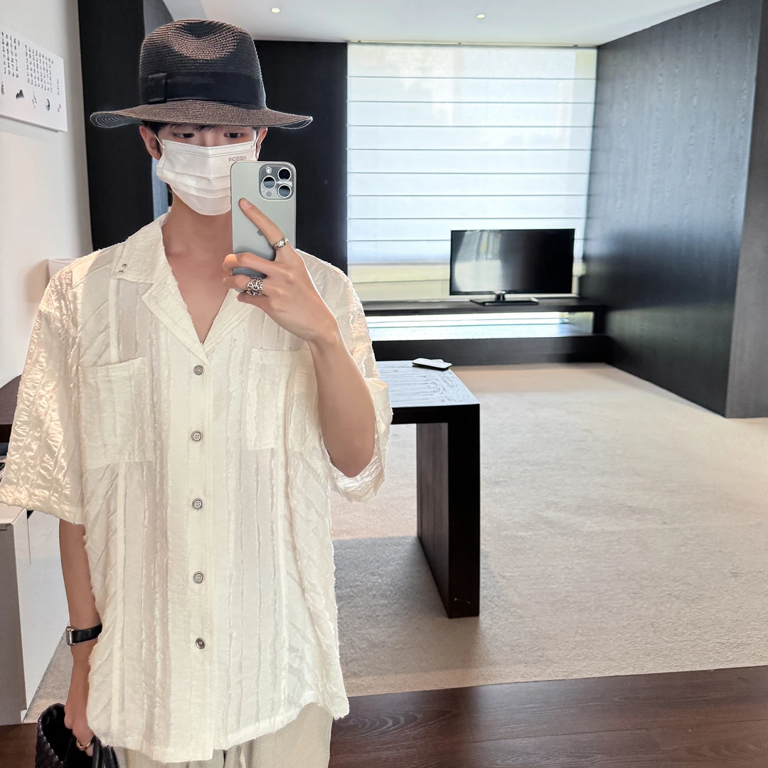 高林凡 韩系高级提花纹理质感短袖衬衫多纽扣古巴领气质开衫上衣