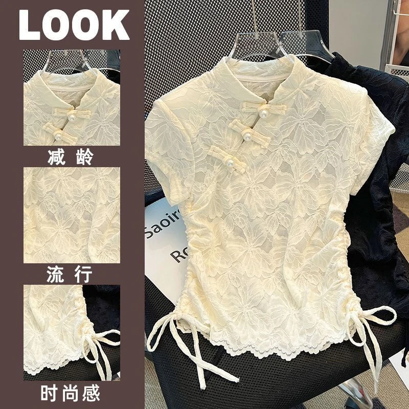 高端女装新中式复古盘扣轻国风斜领透视短袖蕾丝衫夏季2025新款