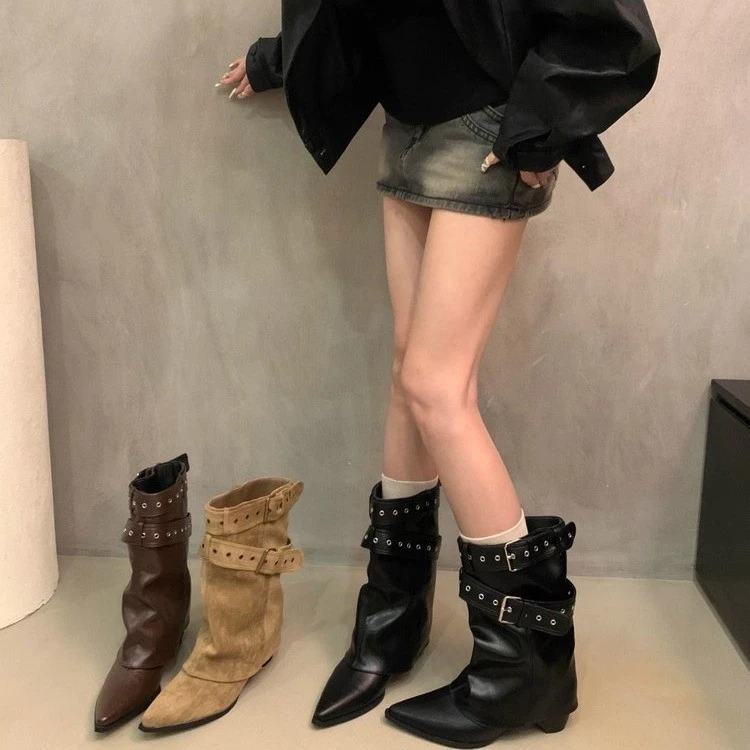 复古粗跟中筒靴女2025新款秋季百搭尖头西部牛仔靴皮带扣裤管靴子