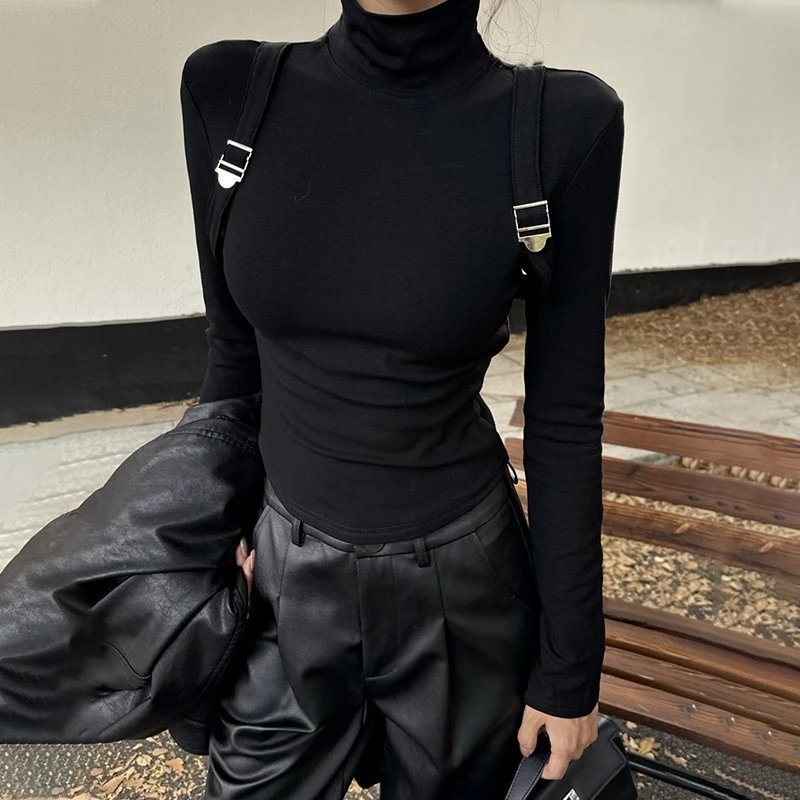 美式辣妹半高领长袖T恤女秋冬新款韩系修身打底设计短款内搭上衣