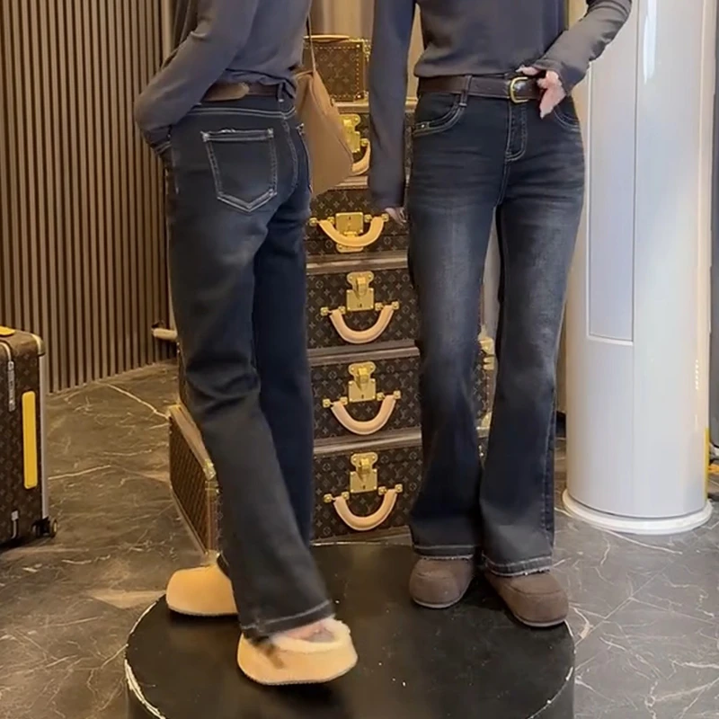 梨型身材高腰大码女装弹力窄版牛仔裤秋冬新款显瘦百搭直筒微喇裤