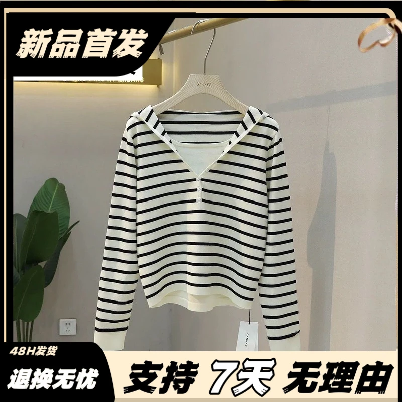 秋季新款梵乐芬假两件蓝色长袖上衣女春季针织打底衫2025新款韩系