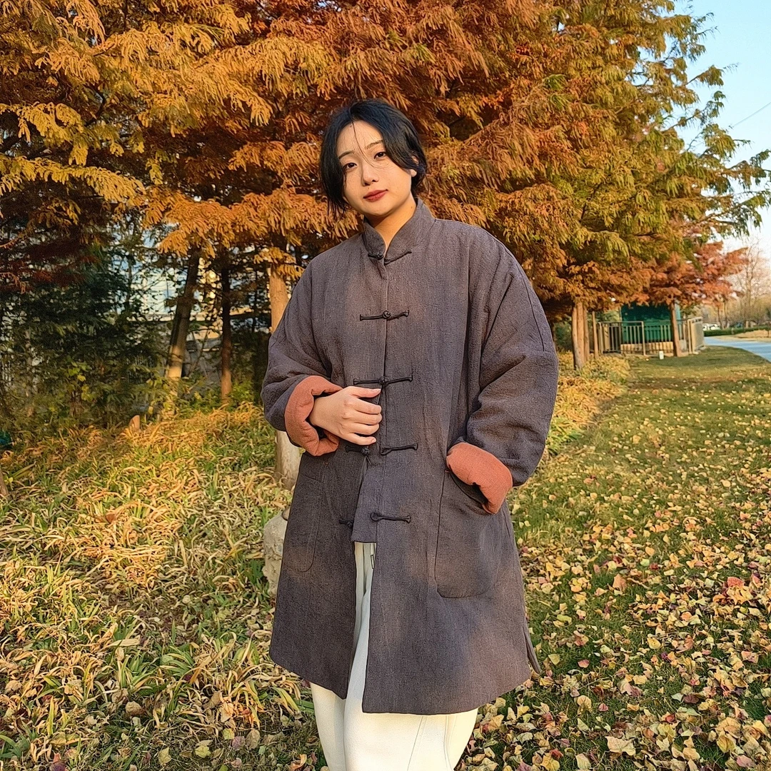 【经典古巷】秋冬汉麻盘扣对襟立领复古宽松加厚中国风长款女式棉服