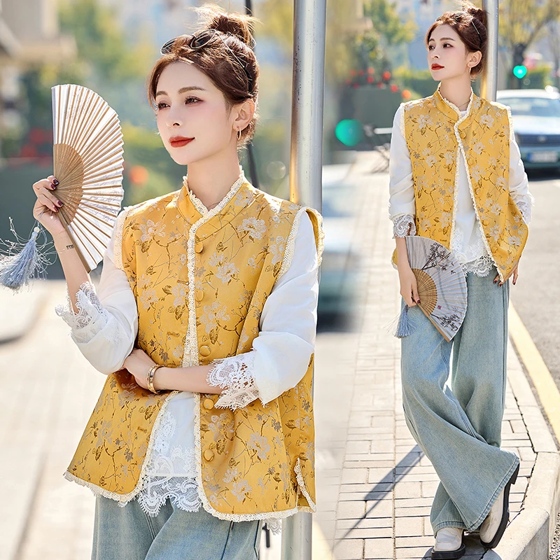 新中式国风蕾丝拼接马甲套装女2025春季新款洋气减龄打底衫两件套