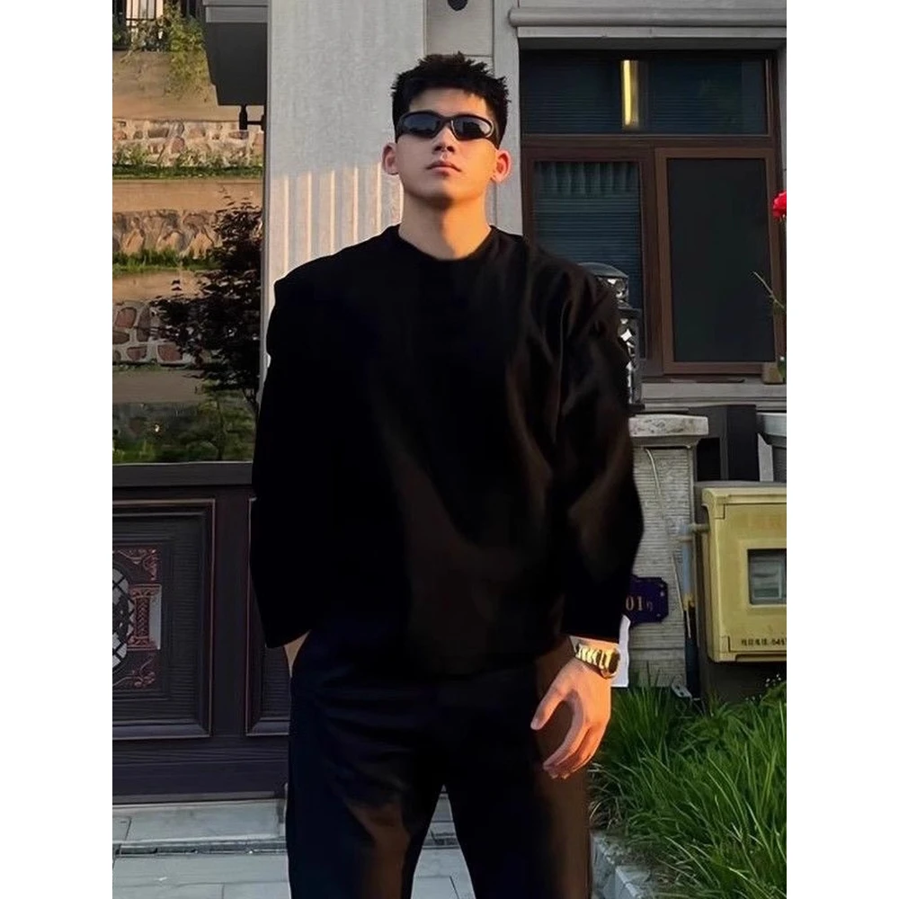 特大码300斤美式重磅卫衣男春秋季圆领内搭长袖T恤正肩纯棉打底衫