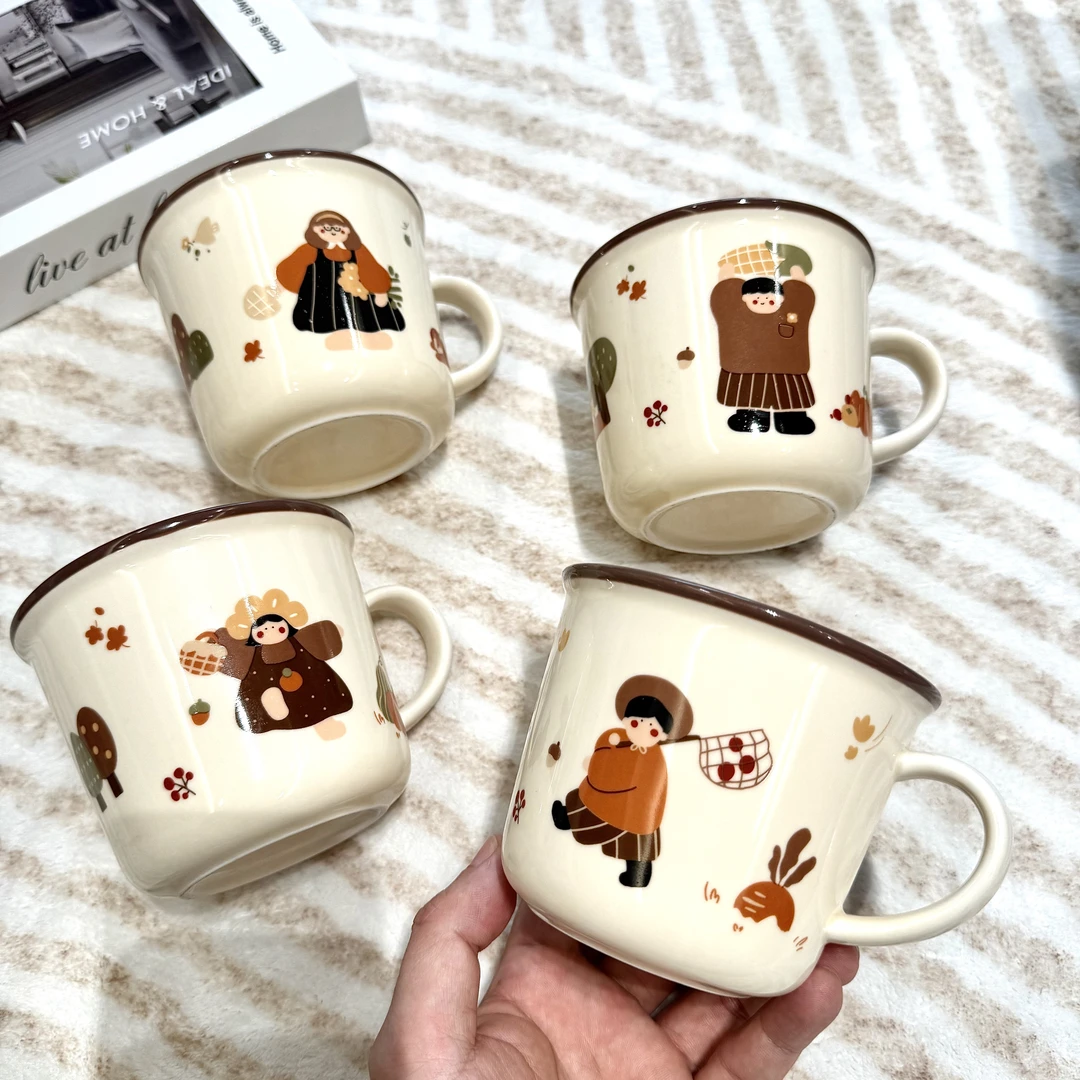 一家四口人水杯家用卡通陶瓷杯马克杯咖啡杯三口之家牛奶杯简约