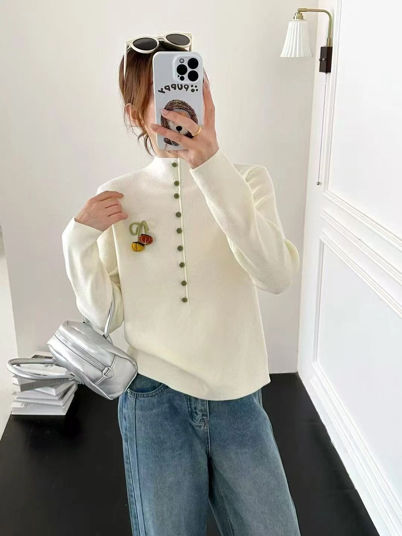 5664单排扣南瓜圆领女上衣秋冬季穿搭宽松休闲毛衣
