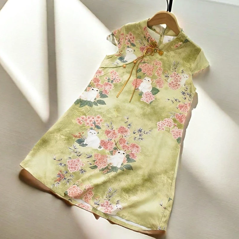 胖童加大加肥人造棉女童旗袍儿童裙子复古国风女孩大童唐装棉绸