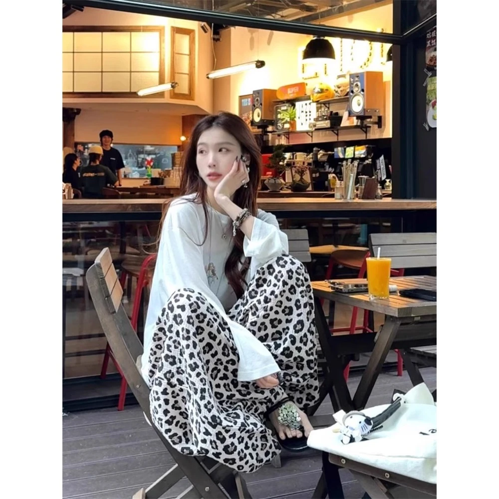 【T恤豹纹】韩版薄款长袖睡衣女夏日新款防晒长裤家居服套装可外出