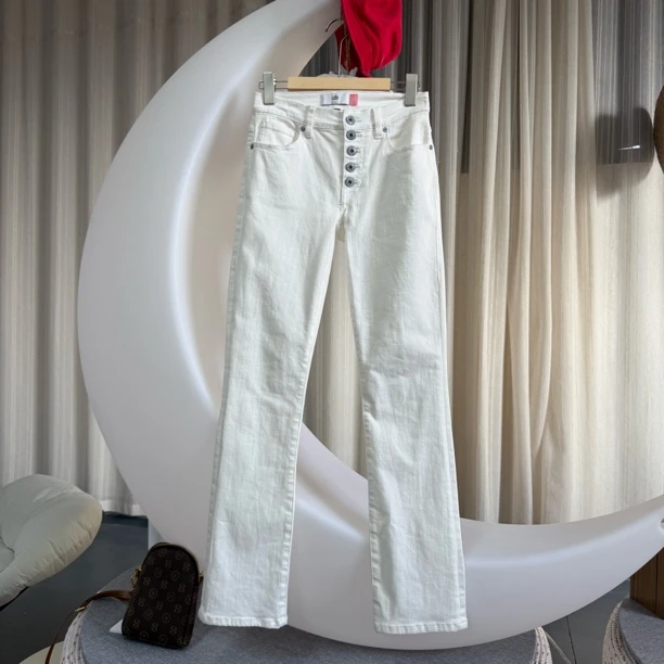 6284白色牛仔中腰个性扣子款显瘦显腿长牛仔裤