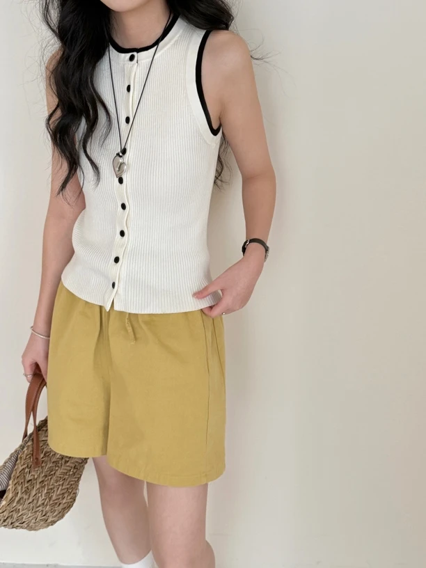 柯达娜2025女夏针织短款无袖背心撞色显瘦时尚百搭春游出行衣服