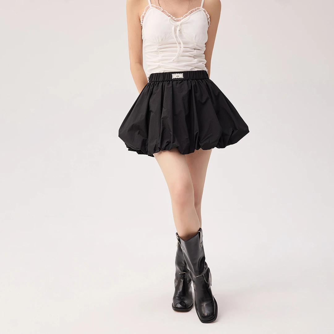 【6】CHUU蕾丝标短裙子韩式穿搭松紧腰花苞鬼马甜心半身裙FHPC009J