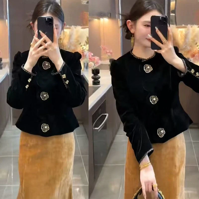 196高级感小香风套装2025秋新款复古轻奢丝绒小洋装半身裙两件套