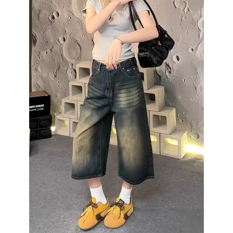 复古水洗阔腿七分牛仔裤女夏大码胖mm小个子高腰宽松显瘦直筒裤子