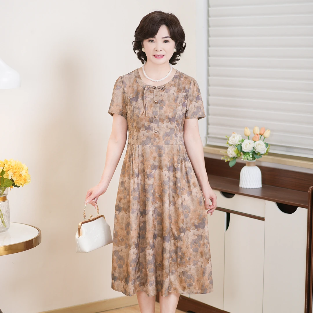 中年妈妈装洋气高贵连衣裙2025夏装新款中老年春季短袖印花裙子