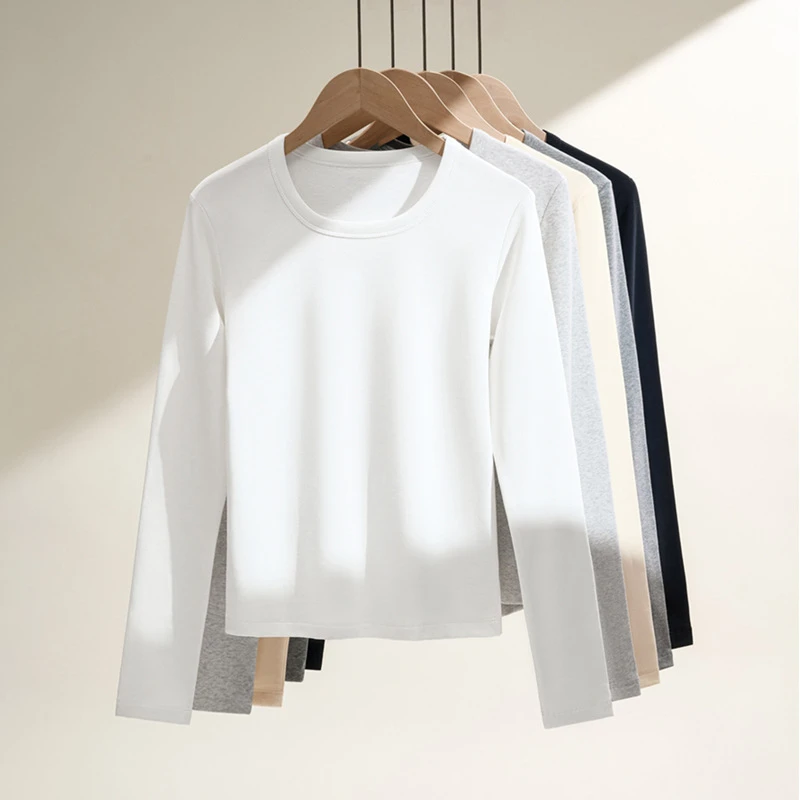 韩系休闲正肩加绒长袖t恤女款纯色修身显瘦u领内搭打底上衣女秋冬