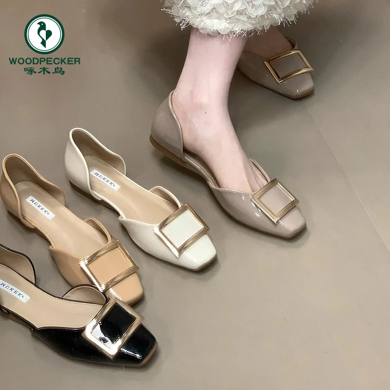 啄木鸟时尚方扣中空平底鞋女浅口一脚蹬玛丽珍鞋法式通勤单鞋