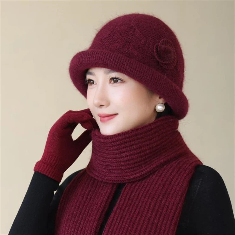 中老年帽子女士冬季针织兔毛防寒保暖毛线帽奶奶妈妈时尚围巾套装