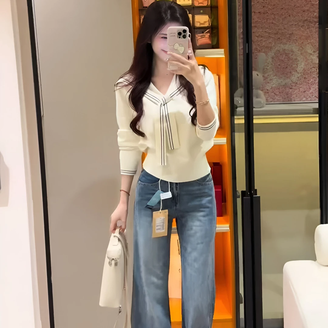 早秋新款气质学院风穿搭海军领系带针织衫宽松直筒牛仔裤两件套装