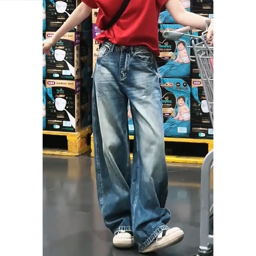 艾塔莉早秋新款长裤百搭显瘦宽松休闲风水洗高腰牛仔裤百搭牛仔裤